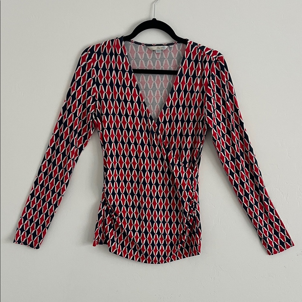 Boden Red Navy Faux Wrap Jersey Knit Long Sleeve Art Deco size 8 Medium